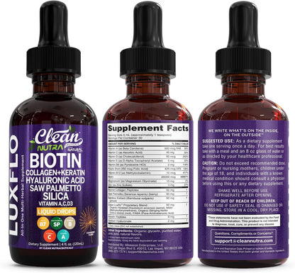 LuxFlo Liquid Hair, Skin & Nails Drops – Biotin, Collagen & Hyaluronic Acid
