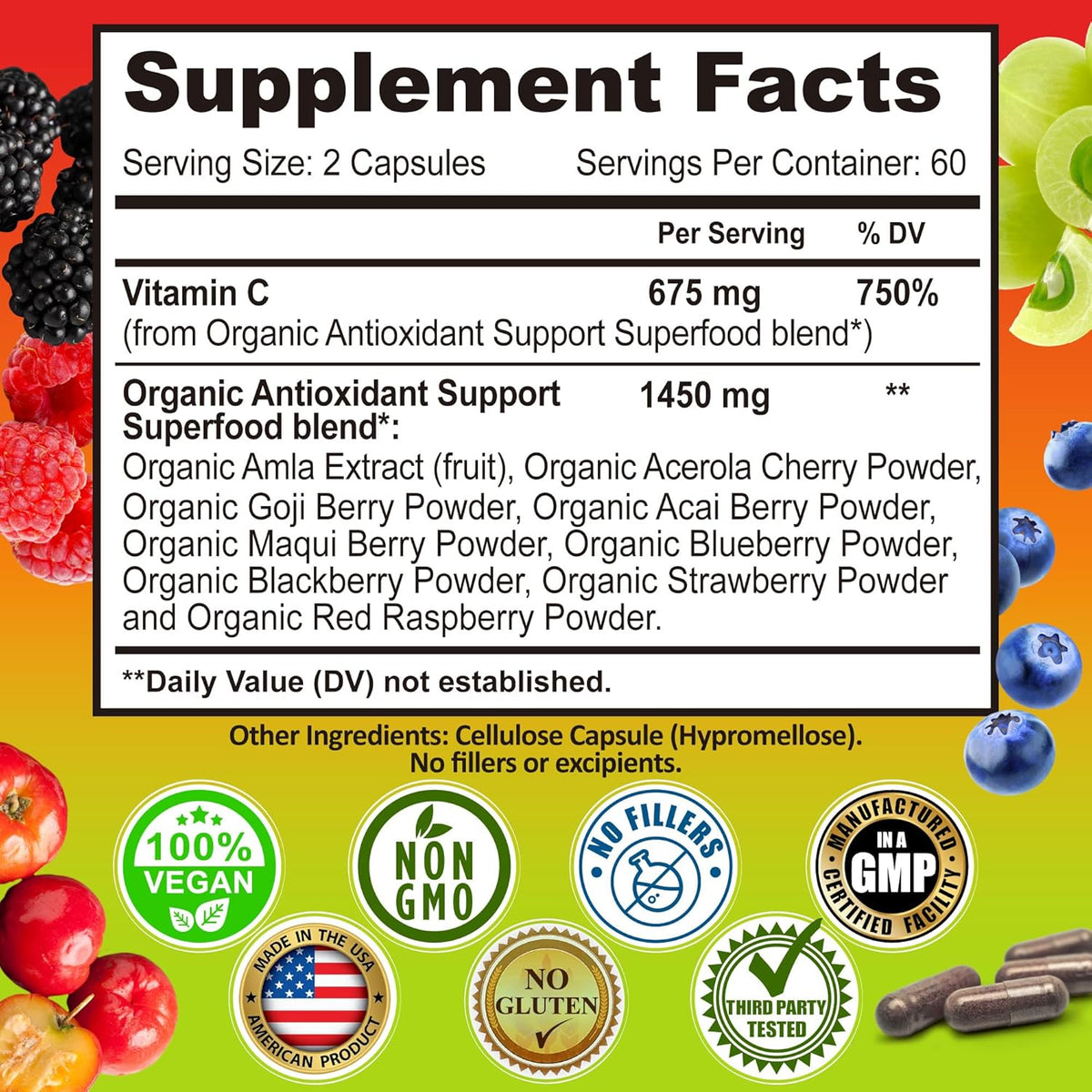 Whole Food Vitamin C Complex - 1450mg Organic Berries, 675mg Vitamin C, High-Potency Antioxidant & Immune Support with Acerola, Amla and Natural Bioflavonoids - Vegan, Non-GMO, 120 Count - görsel 6