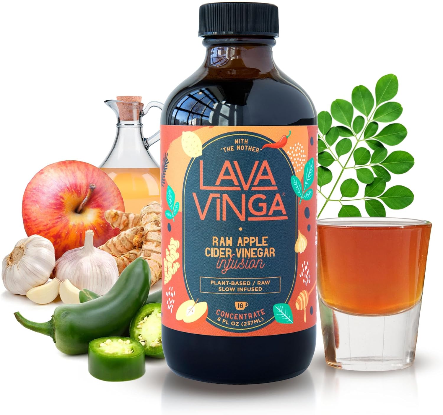 VINGA Lava Raw Apple Cider Vinegar Fire Cider with Moringa Oleifera, 8 oz (237 ml) - görsel 1