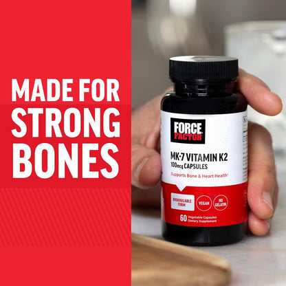 Force Factor MK-7 Vitamin K2 100mcg, Bone Support, Heart Health, Bio-available, Vegan, Non-GMO, 60 Vegetable Capsules