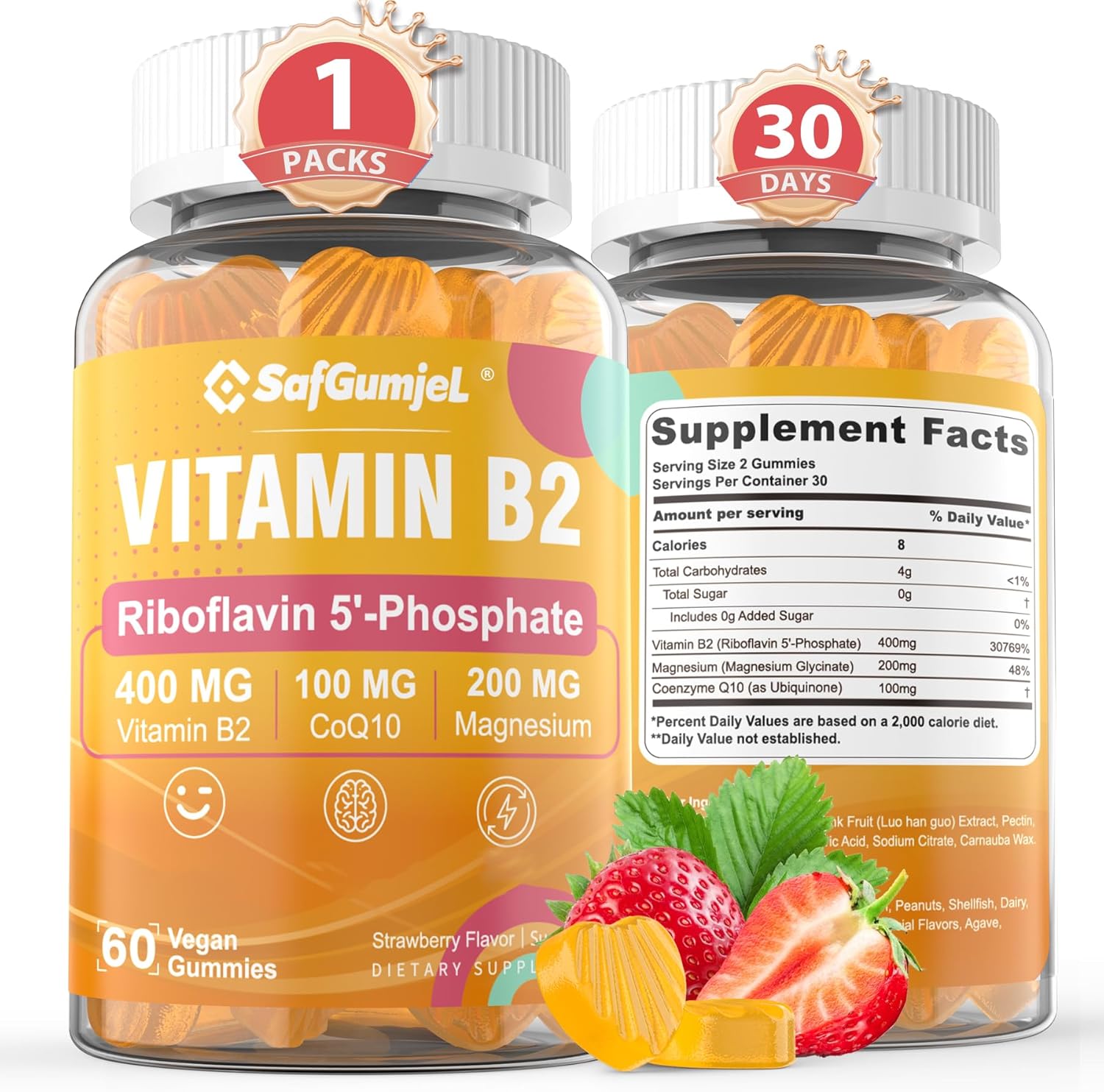 Vitamin B2 Gummies | Riboflavin 400mg with Magnesium and CoQ10 | Sugar-Free, Vegan, Strawberry Flavour, 60 Gummies - görsel 1