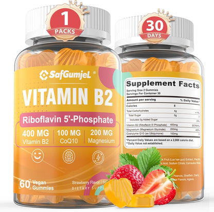 Vitamin B2 Gummies | Riboflavin 400mg with Magnesium and CoQ10 | Sugar-Free, Vegan, Strawberry Flavour, 60 Gummies