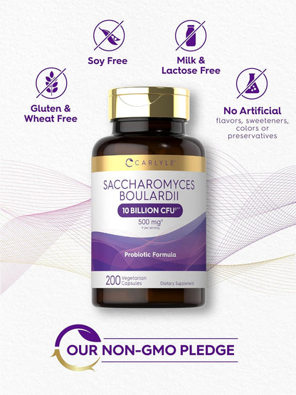 Carlyle Saccharomyces Boulardii Probiotics & Prebiotics | 10 Billion CFUs | 200 Capsules | Non-GMO, Gluten-free