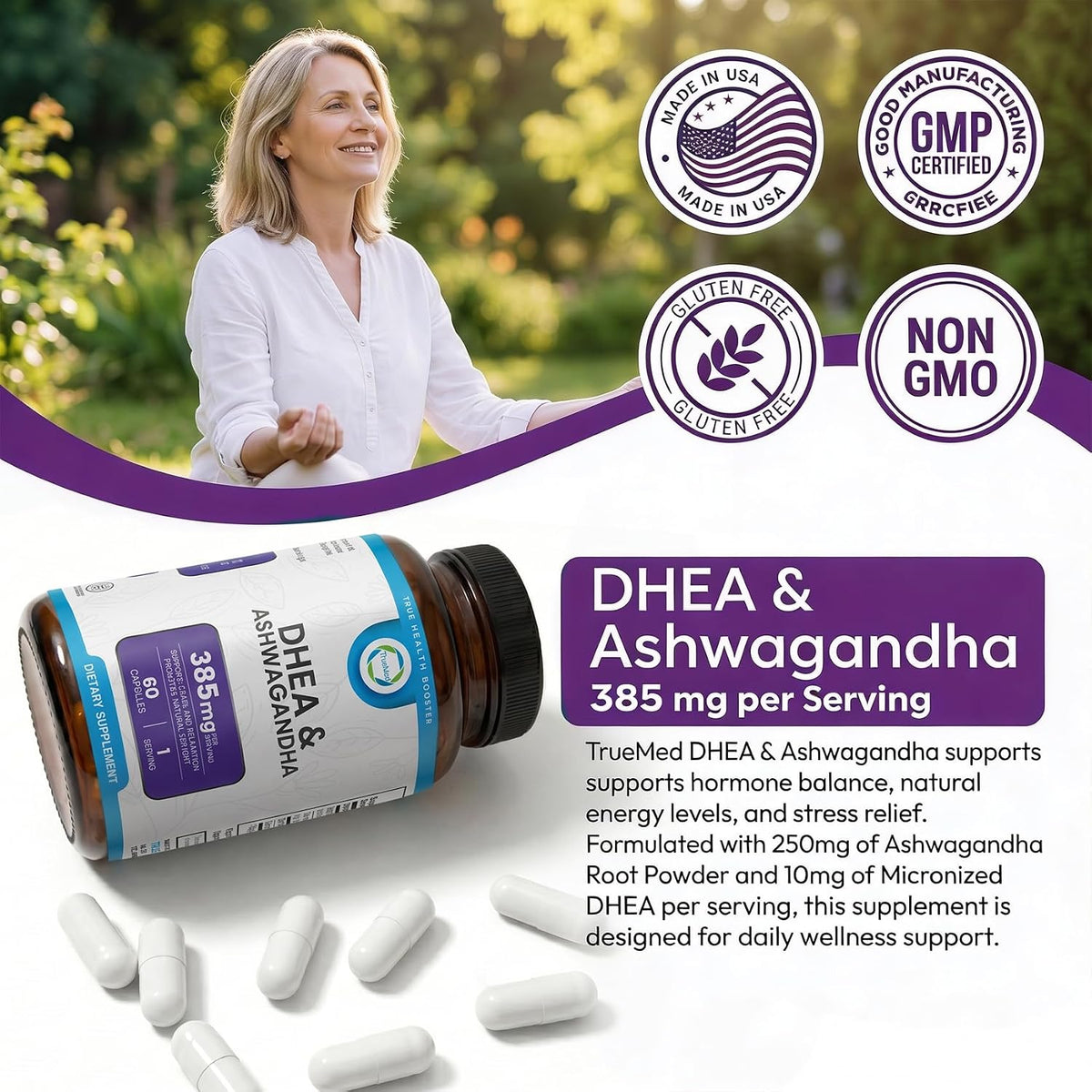 TRUEMED DHEA & Ashwagandha Supplement – 385mg Blend with Ashwagandha 250mg, DHEA 10mg, Vitamin C & B6 – 60 Vegan Capsules - görsel 6