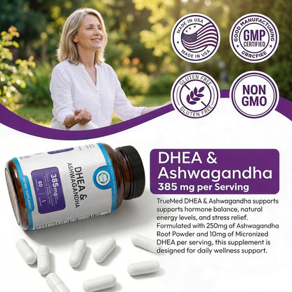 TRUEMED DHEA & Ashwagandha Supplement – 385mg Blend with Ashwagandha 250mg, DHEA 10mg, Vitamin C & B6 – 60 Vegan Capsules