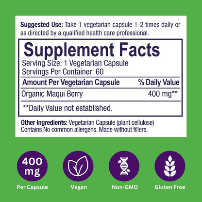 Paradise Herbs, Organic Maqui Berry Extract, 400 mg, Fresh, Freeze-Dried Concentrate for Superior Potency, Non-GM, Vegan, 60 Capsules