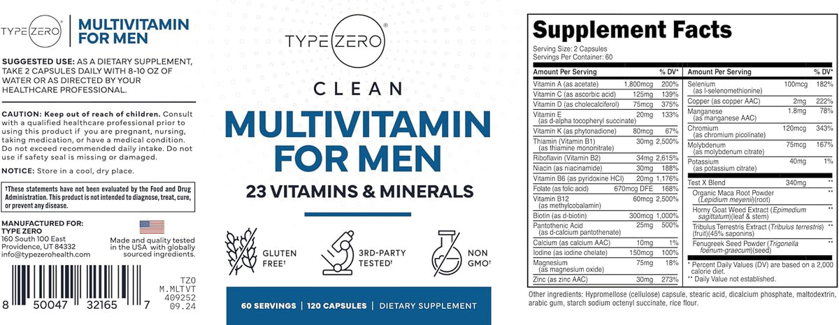 Type Zero Multivitamin for Men - 1200 mg, 120 Capsules (60 Servings) - Gluten-free - görsel 3