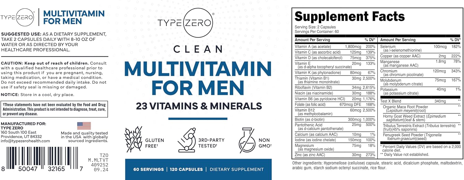 Type Zero Multivitamin for Men - 1200 mg, 120 Capsules (60 Servings) - Gluten-free - görsel 3