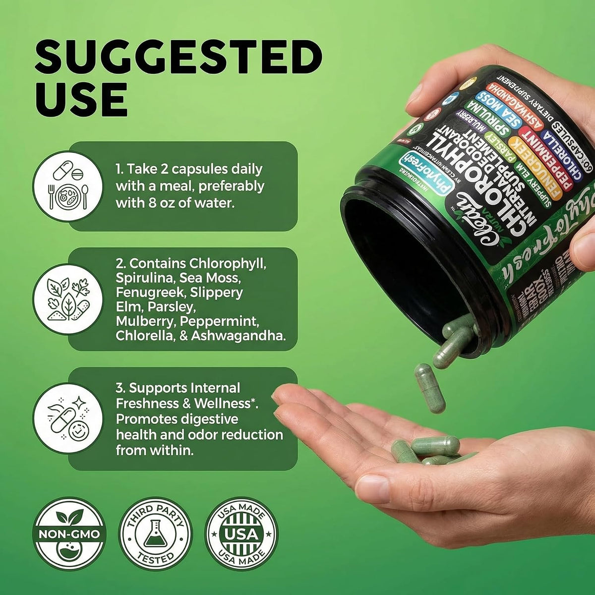 Clean Nutra Chlorophyll Capsules Supplement Internal Deodorant Peppermint, Sea Moss, Parsley, Chlorella, Spirulina, Slippery Elm, Ashwagandha, PhytoFresh Greens Detox Pills - görsel 6
