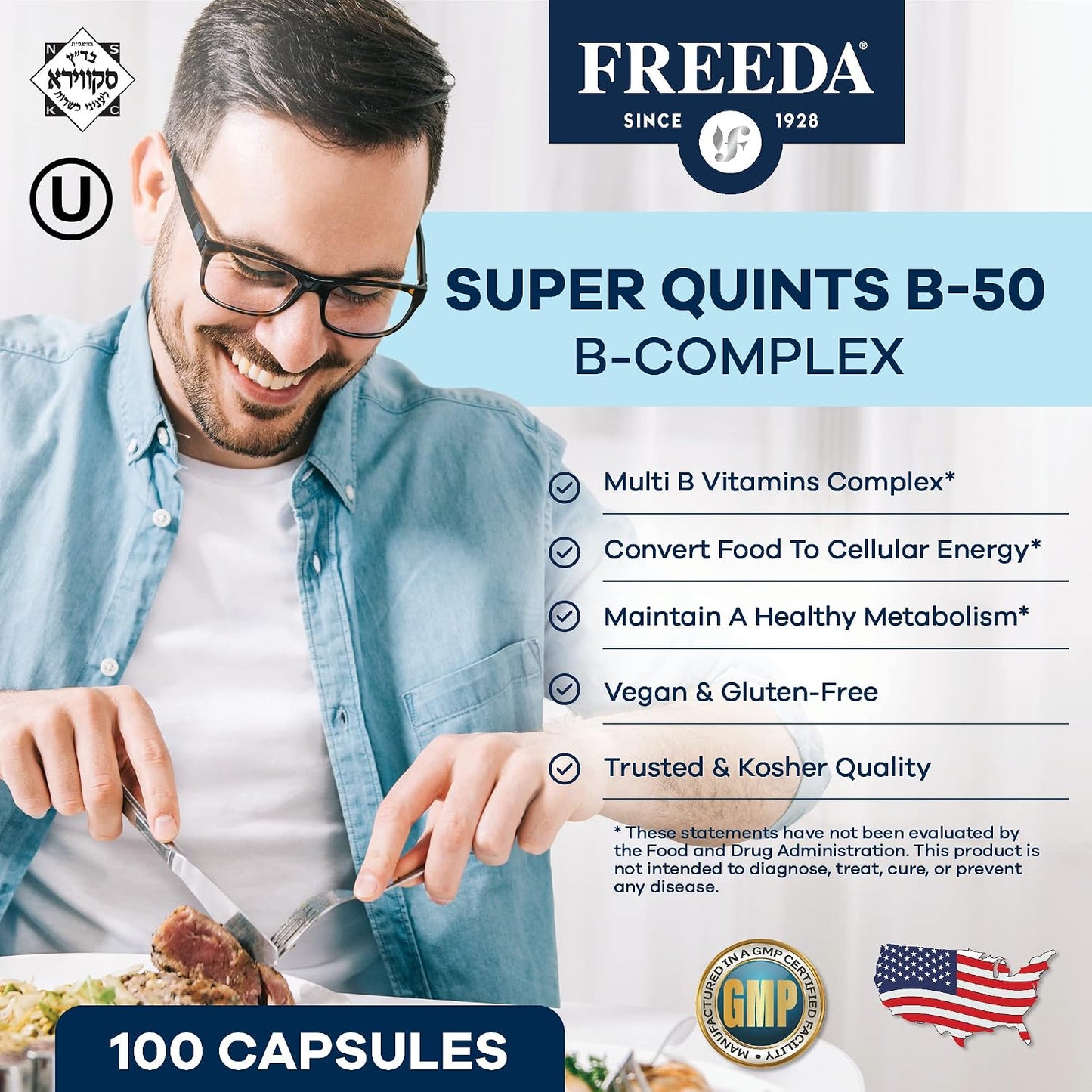 FREEDA Vitamin B-50 Complex – Super Quints B-Complex, Vegan, 100 Capsules - görsel 2