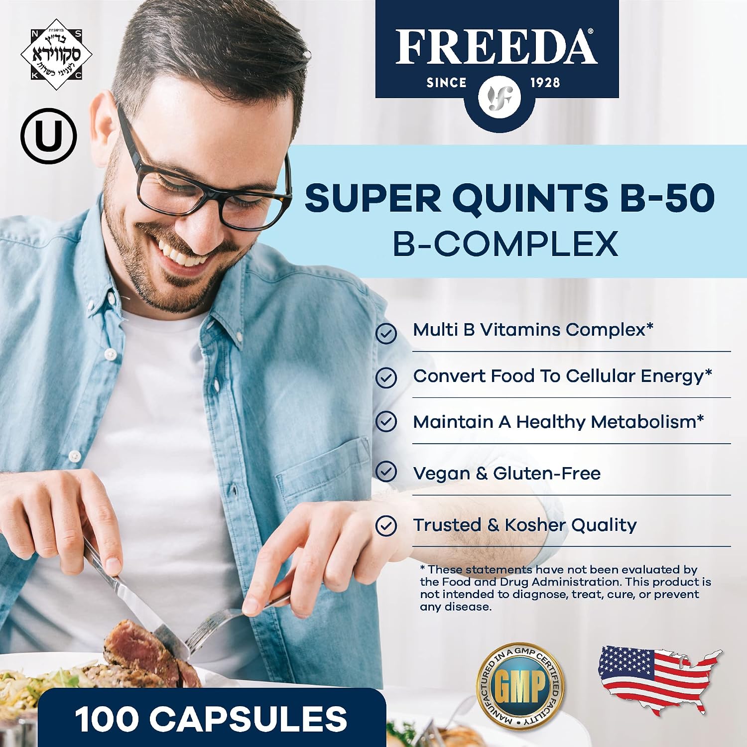 FREEDA Vitamin B-50 Complex – Super Quints B-Complex, Vegan, 100 Capsules - görsel 2