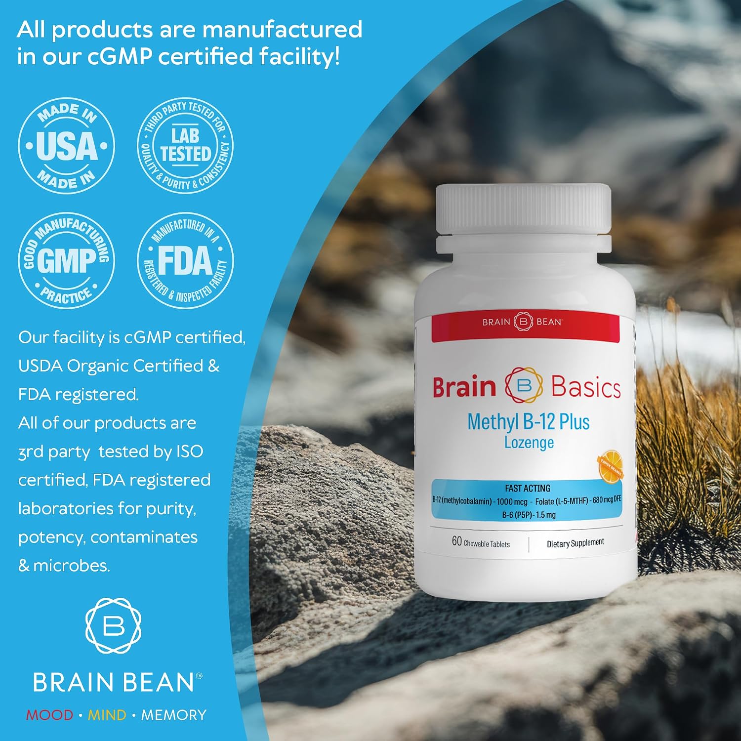 Brain Bean Extra Strength Methyl B12 & Methyl Folate – 60 Chewable Tablets, Orange Citrus - görsel 2