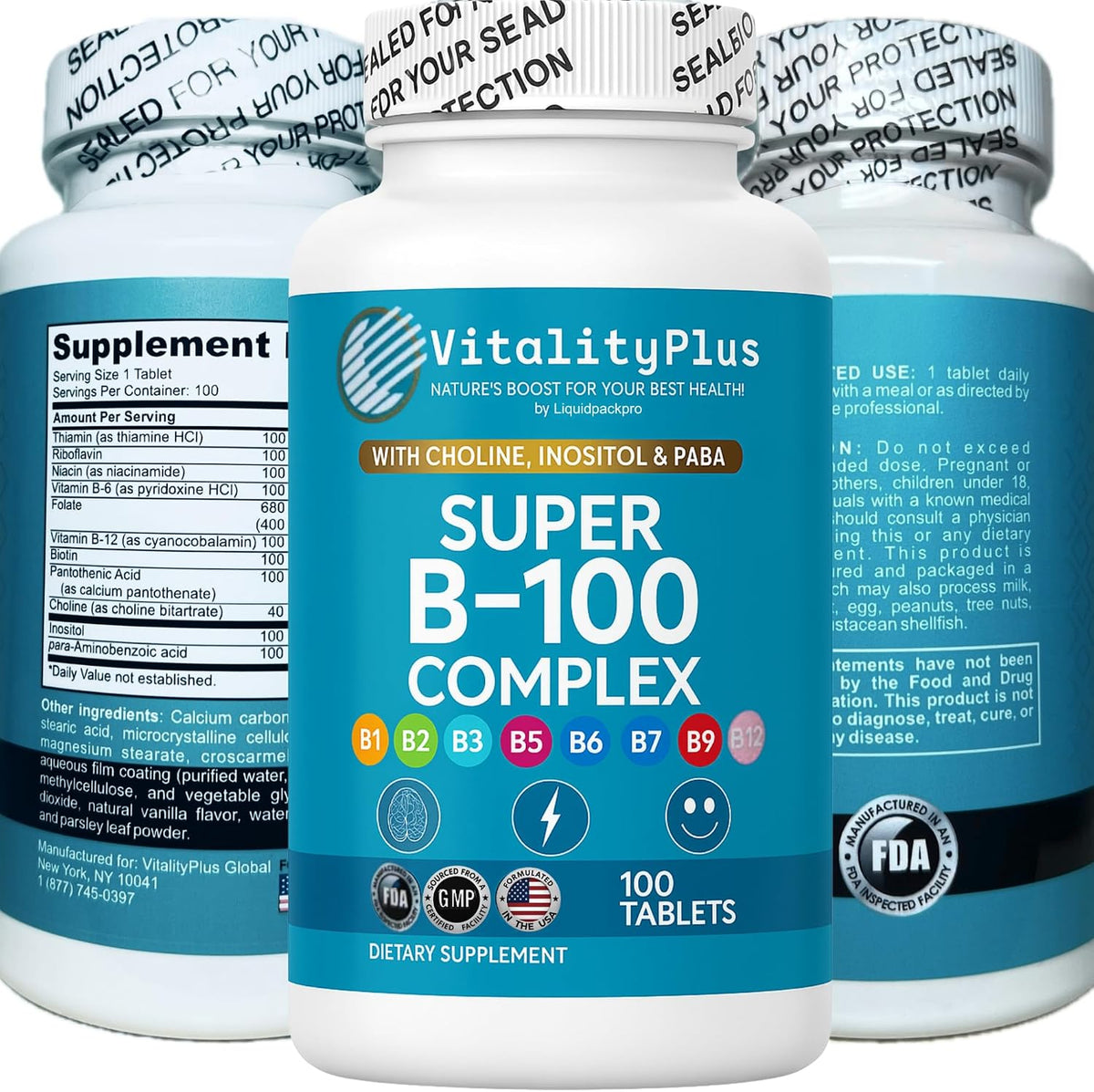 Super B-100 Complex – High Strength B-Vitamins with Choline, Inositol & PABA – 100 Tablets - görsel 7