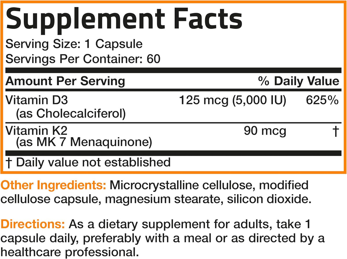 Bronson Vitamin K2 D3 (MK7) Food Supplement - 5000 IU D3 & 90 mcg K2 MK-7, 60 Capsules - görsel 8