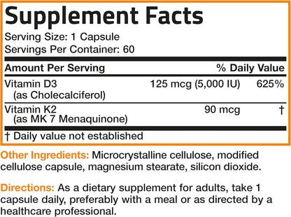 Bronson Vitamin K2 D3 (MK7) Food Supplement - 5000 IU D3 & 90 mcg K2 MK-7, 60 Capsules
