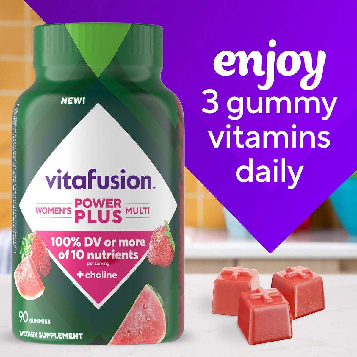vitafusion Power Plus Women’s Multivitamin Gummies, 100% Nutrient Reference Value or More of 10 Nutrients, Helps Support Normal Energy Metabolism, Bone & Immune Health, Strawberry & Watermelon Flavour, 90 Gummies - görsel 7