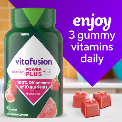vitafusion Power Plus Women’s Multivitamin Gummies, 100% Nutrient Reference Value or More of 10 Nutrients, Helps Support Normal Energy Metabolism, Bone & Immune Health, Strawberry & Watermelon Flavour, 90 Gummies