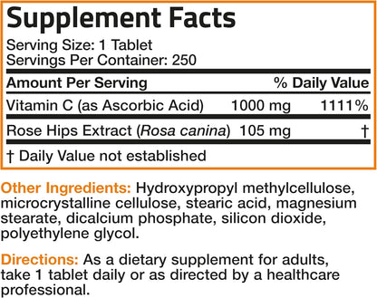 Bronson Vitamin C 1000 mg with Rose Hips Sustained Release – 250 Tablets