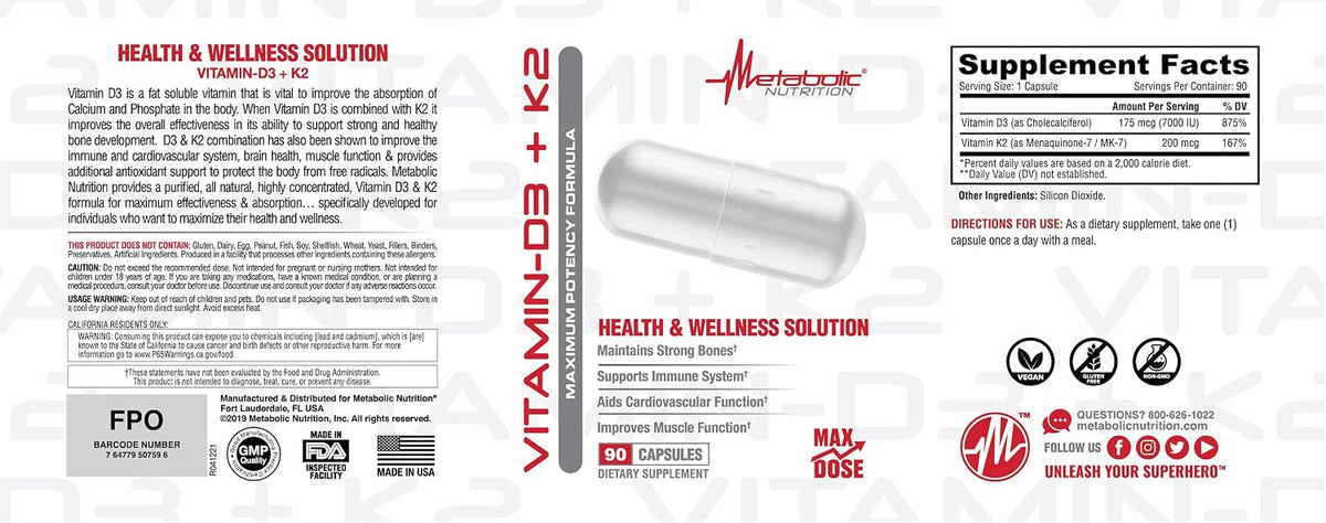 Metabolic Nutrition Vitamin D3 + K2, Bone and Heart Health Formula, Immune Support, 90 Veggie Caps 7000 IU per Capsule Max Dose - görsel 3