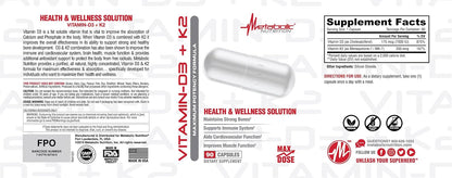 Metabolic Nutrition Vitamin D3 + K2, Bone and Heart Health Formula, Immune Support, 90 Veggie Caps 7000 IU per Capsule Max Dose