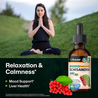 BIO KRAUTER® Schisandra for Calm & Relaxation - Pure Vegan Mood Support Supplement - Liquid Schisandra Berry 59 ml - Natural Calm Drops 650 mg per Serving, 28-Day Supply, Alcohol & Sugar Free
