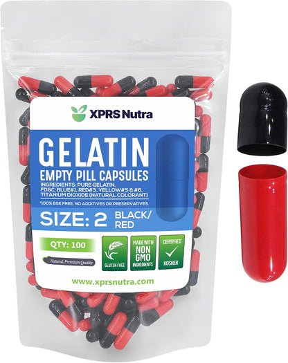 XPRS Nutra Size 2 Empty Capsules – 100 Capsules Empty Gelatine Capsules – DIY Capsule Filling – Pure Bovine Gel Caps for Do-It-Yourself Supplements (Black/Red)