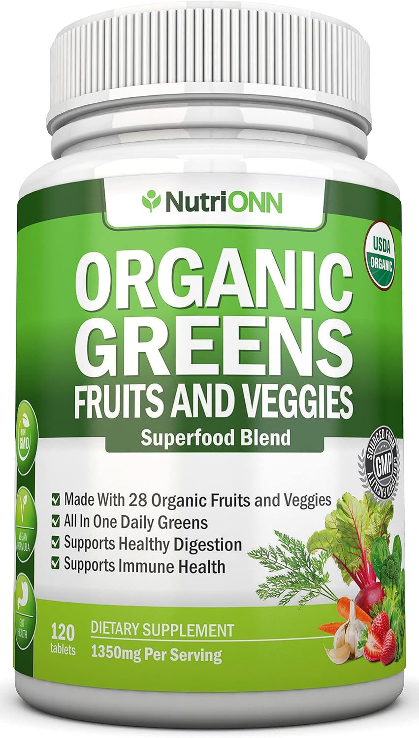 Organic Super Greens Capsules - Fruit And Vegetable Supplements - 120 Capsules - 28 Organic & Vegan Premium Ingredients - Superfood Blend For Immune Health, Digestion & Energy - Whole Food Vitamins - görsel 1