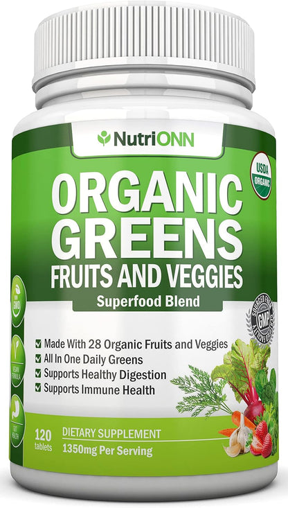 Organic Super Greens Capsules - Fruit And Vegetable Supplements - 120 Capsules - 28 Organic & Vegan Premium Ingredients - Superfood Blend For Immune Health, Digestion & Energy - Whole Food Vitamins