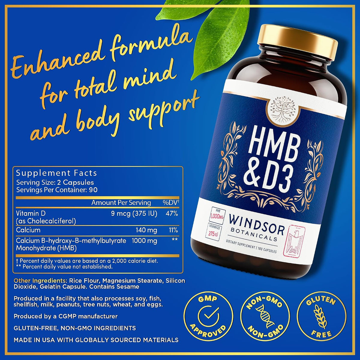 WINDSOR BOTANICALS HMB and Vitamin D3 Supplement – Muscle Growth & Recovery – 360 Capsules - görsel 5
