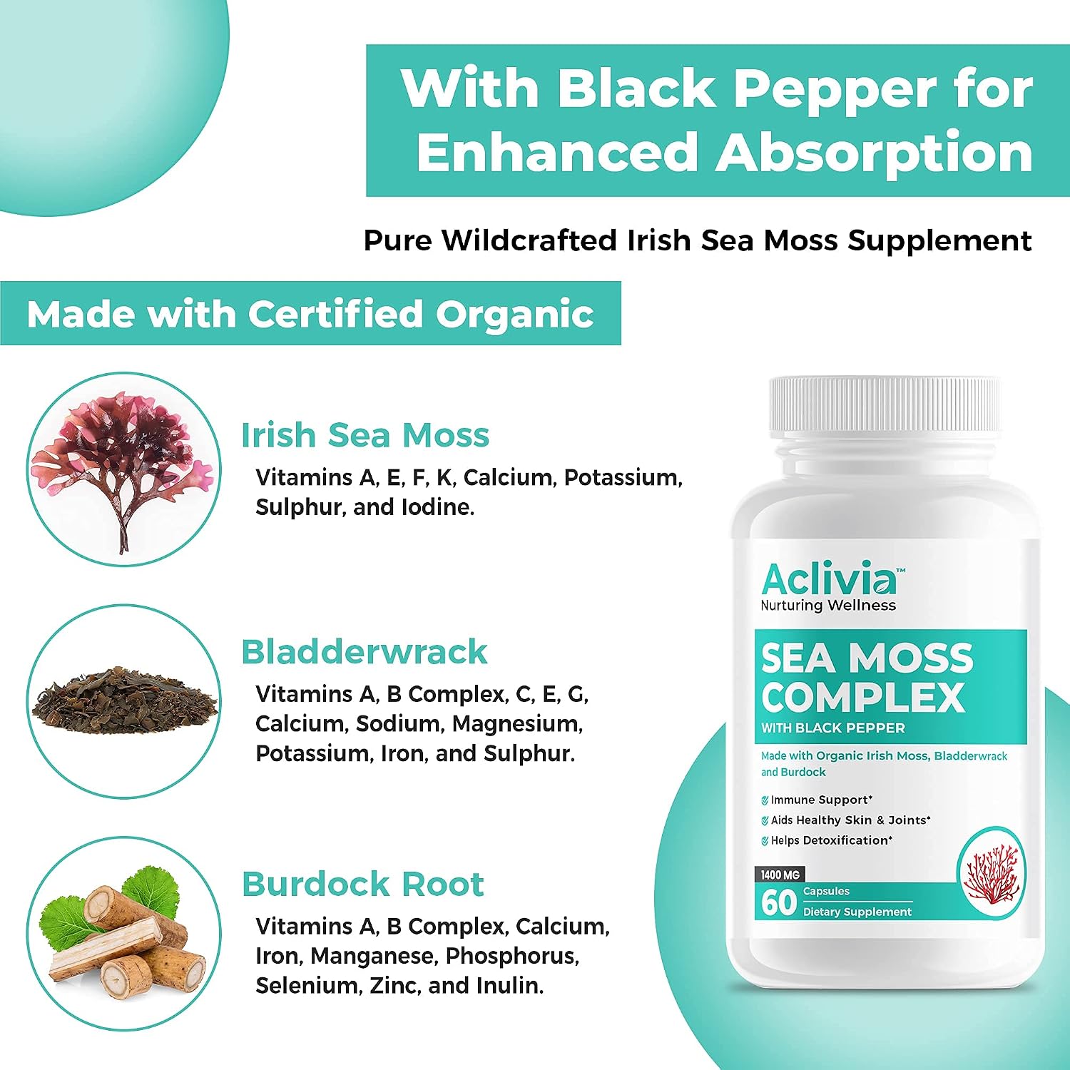 Organic Irish Sea Moss Capsules with Bladderwrack & Burdock Root - 102 Minerals - Non-GMO - 60 Count - görsel 2