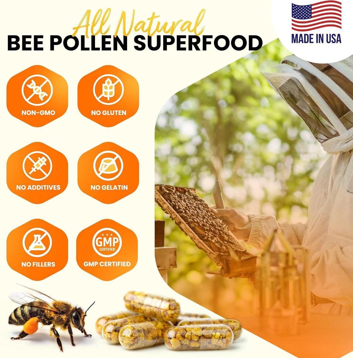 HONEYBEEZONE 100% Raw Bee Pollen Granules – 60 Veggie Capsules - görsel 3