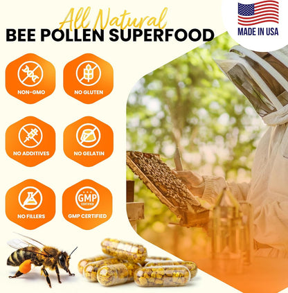 HONEYBEEZONE 100% Raw Bee Pollen Granules – 60 Veggie Capsules
