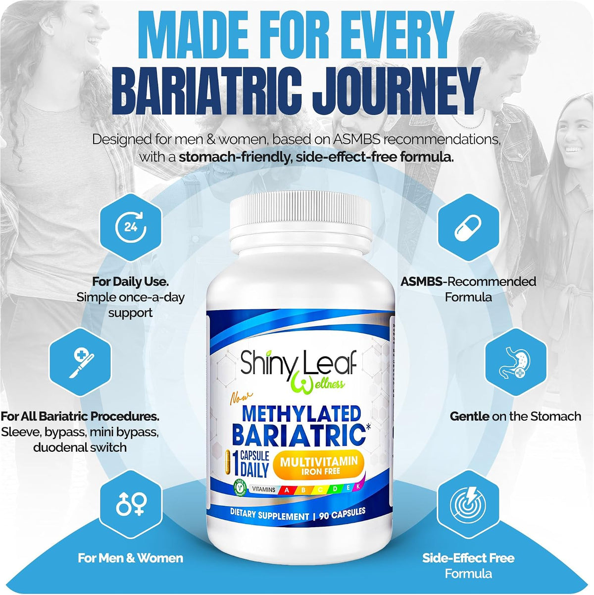Shiny Leaf Methylated Bariatric Multivitamin Without Iron – Vitamins for Gastric Bypass & Sleeve, 1 Daily Capsule with Methylated Folate, B12, A, C, D, K & More. Vegetarian, Soya-Free, Made in the USA (180 Capsules) - görsel 6