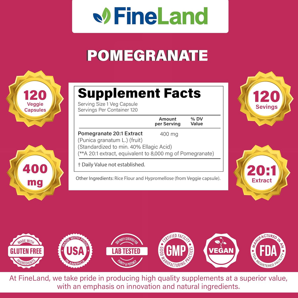 FineLand Pomegranate Extract 20:1 - 40% Ellagic Acid - Antioxidant Supplement - 120 Vegan Capsules - görsel 3