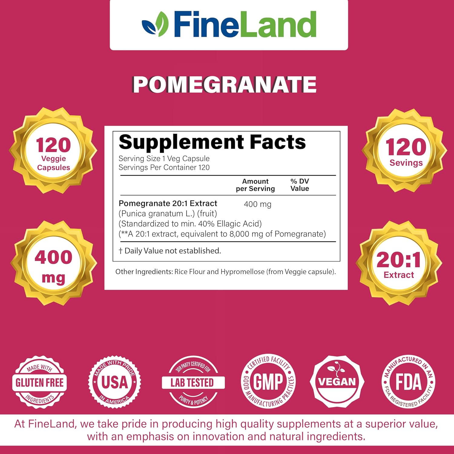 FineLand Pomegranate Extract 20:1 - 40% Ellagic Acid - Antioxidant Supplement - 120 Vegan Capsules - görsel 3
