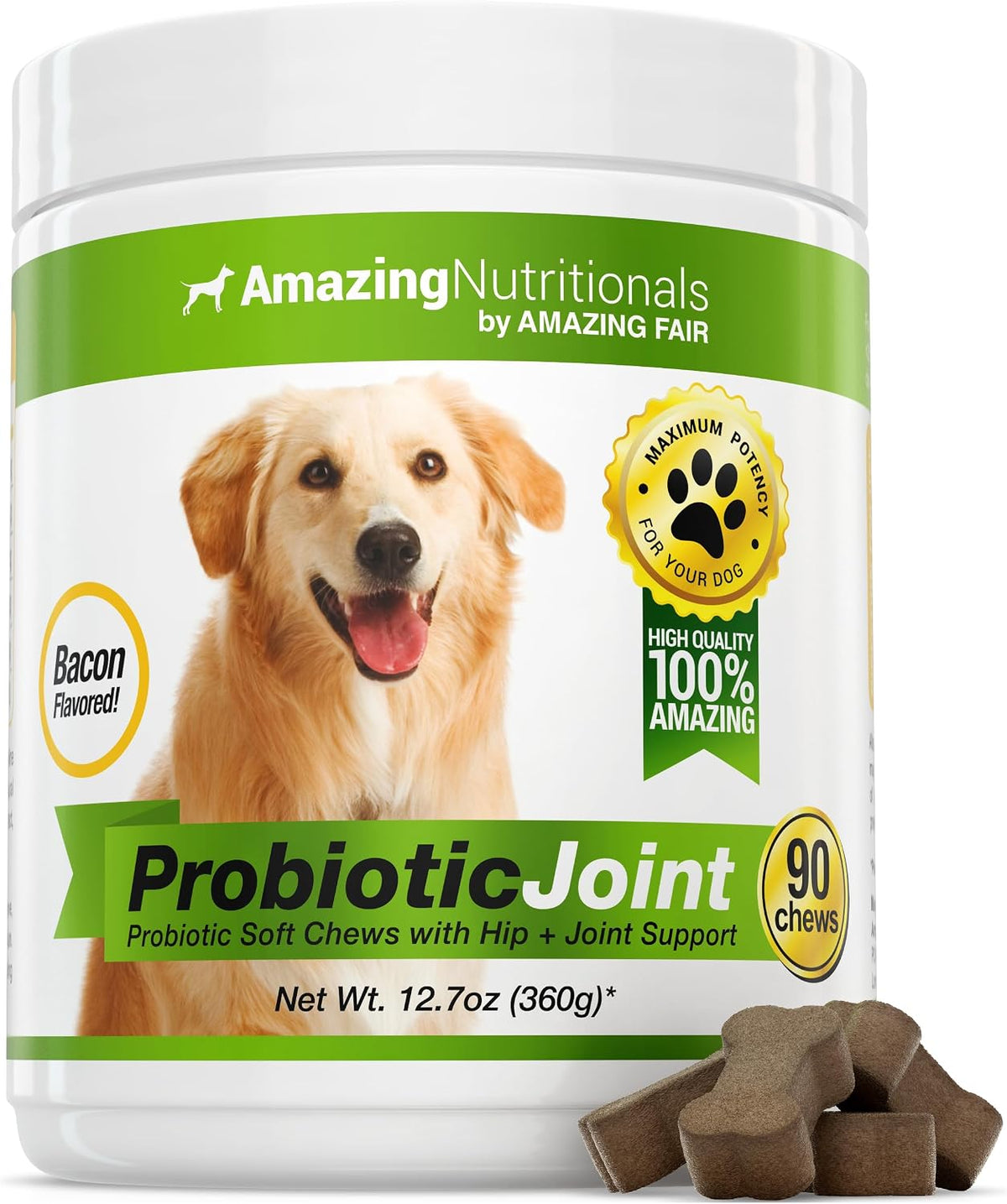 Amazing Nutritionals Dog Probiotics with Hip & Joint Support, 90 Bacon-Flavoured Soft Chews - görsel 1