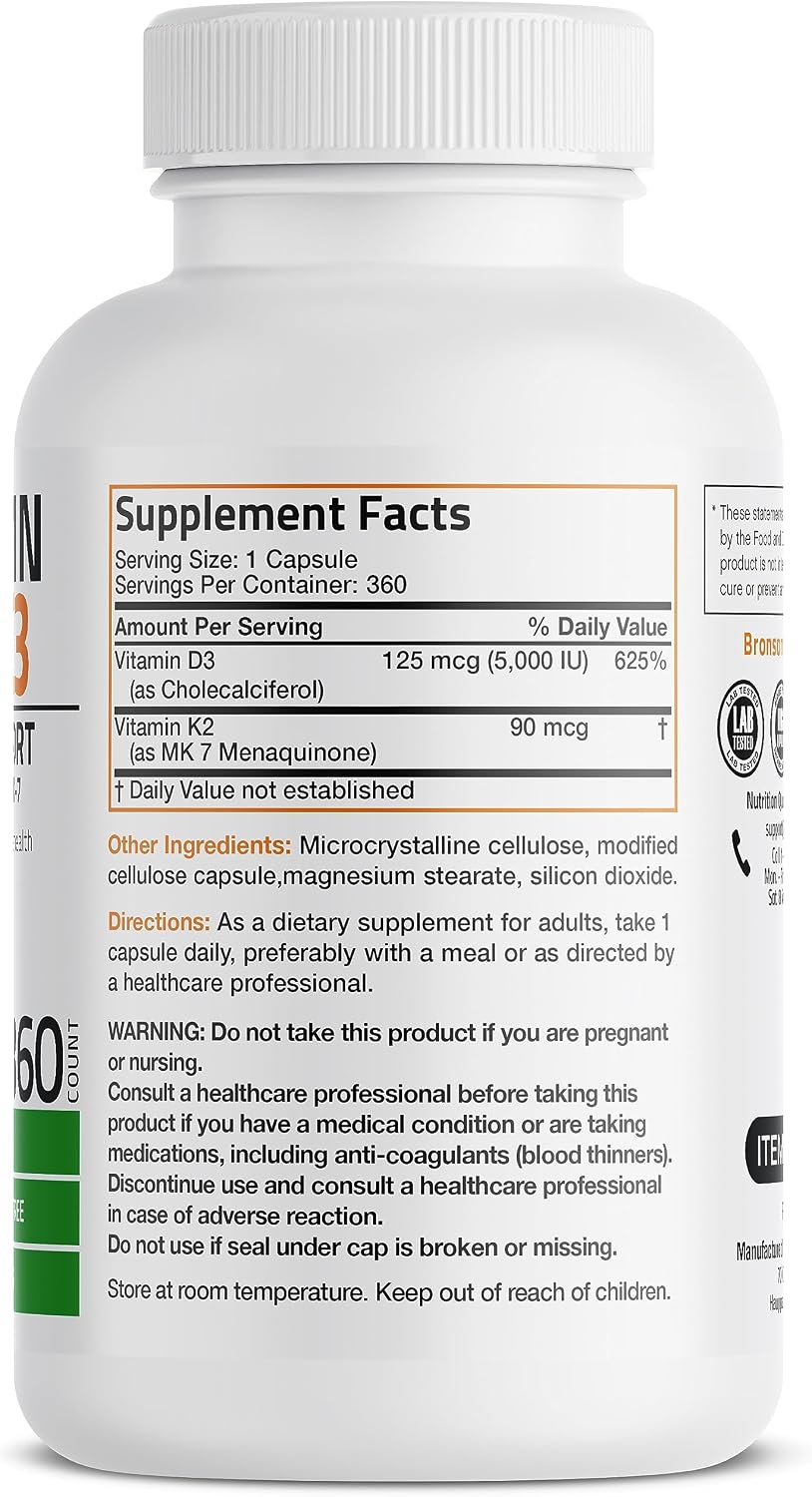 Bronson Vitamin K2 D3 (MK7) Supplement - 360 Capsules - görsel 2