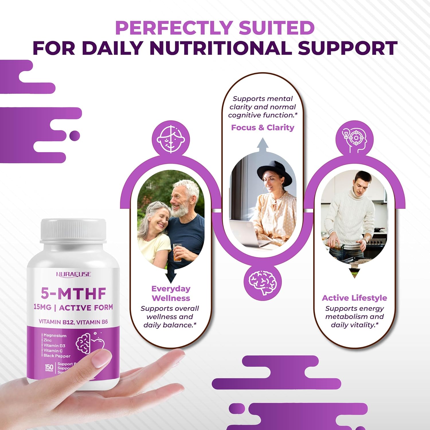 NURAFUSE High Strength 5-MTHF (Active Folate) with Vitamin B12, B6, Magnesium & Black Pepper - görsel 5