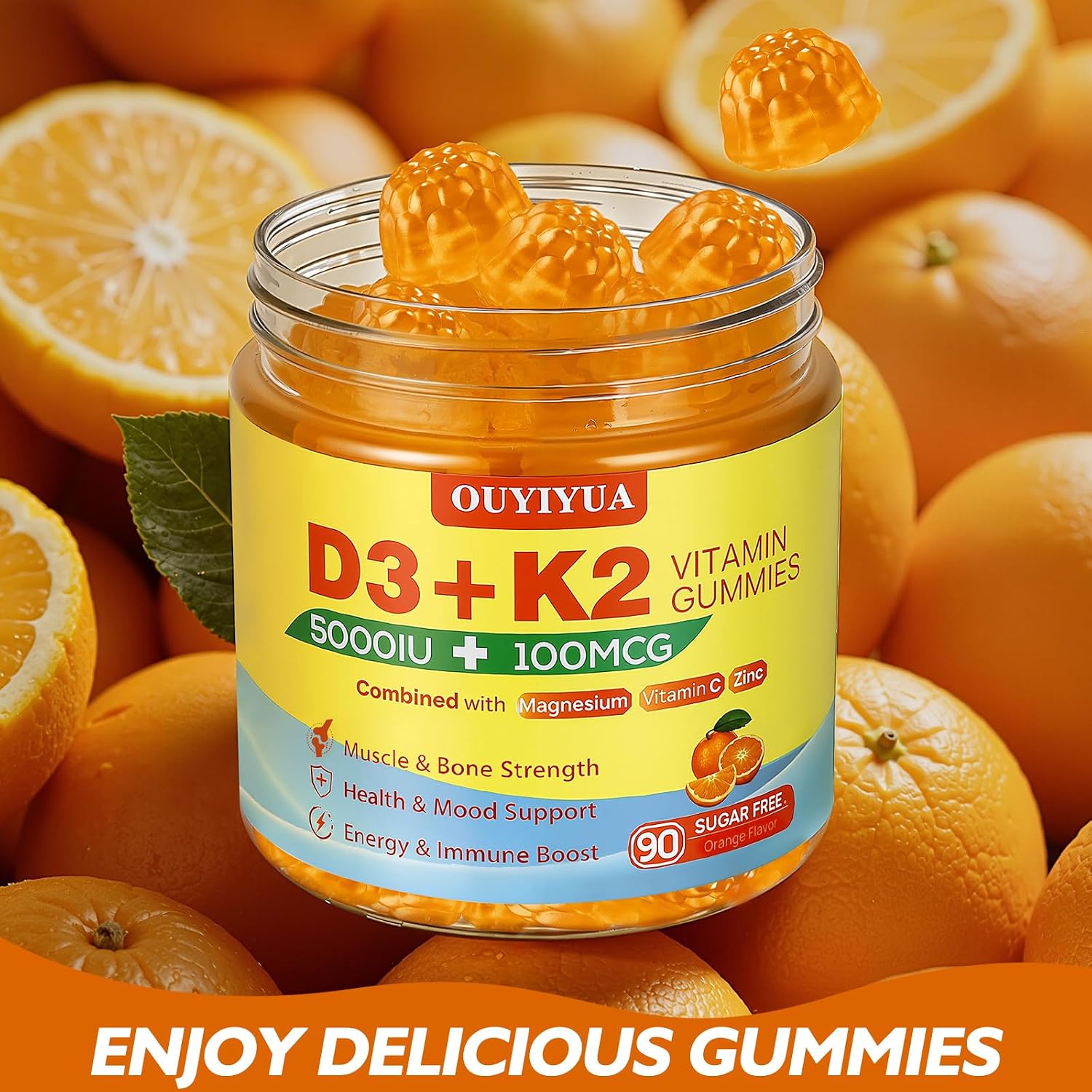 OUYIYUA Vitamin D3 K2 Gummies - 5000 IU D3 + 100 mcg K2 (MK-7), 90 Count - görsel 3
