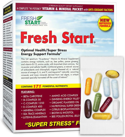 Fresh Start All-in-One Daily Vitamin Pack - Stress & Mood Support with Ashwagandha, Panax Ginseng, Adaptogens, B-Complex & Super Greens - 30 Day Supply