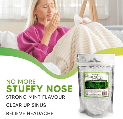 Nutrigins Menthol Crystals 2 oz - Pure Organic 100% Natural Menthol Crystals from Mint (Mentha Arvensis) - Resealable Stand-Up Pouch