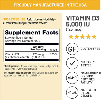 NatureWise Vitamin D3 5000 IU (125 mcg) – 200 Mini Softgels for Immunity and Bone Health