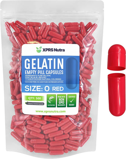 XPRS Nutra Size 0 Empty Capsules - 500 Count Empty Gelatine Capsules for DIY Supplement Filling (Red)