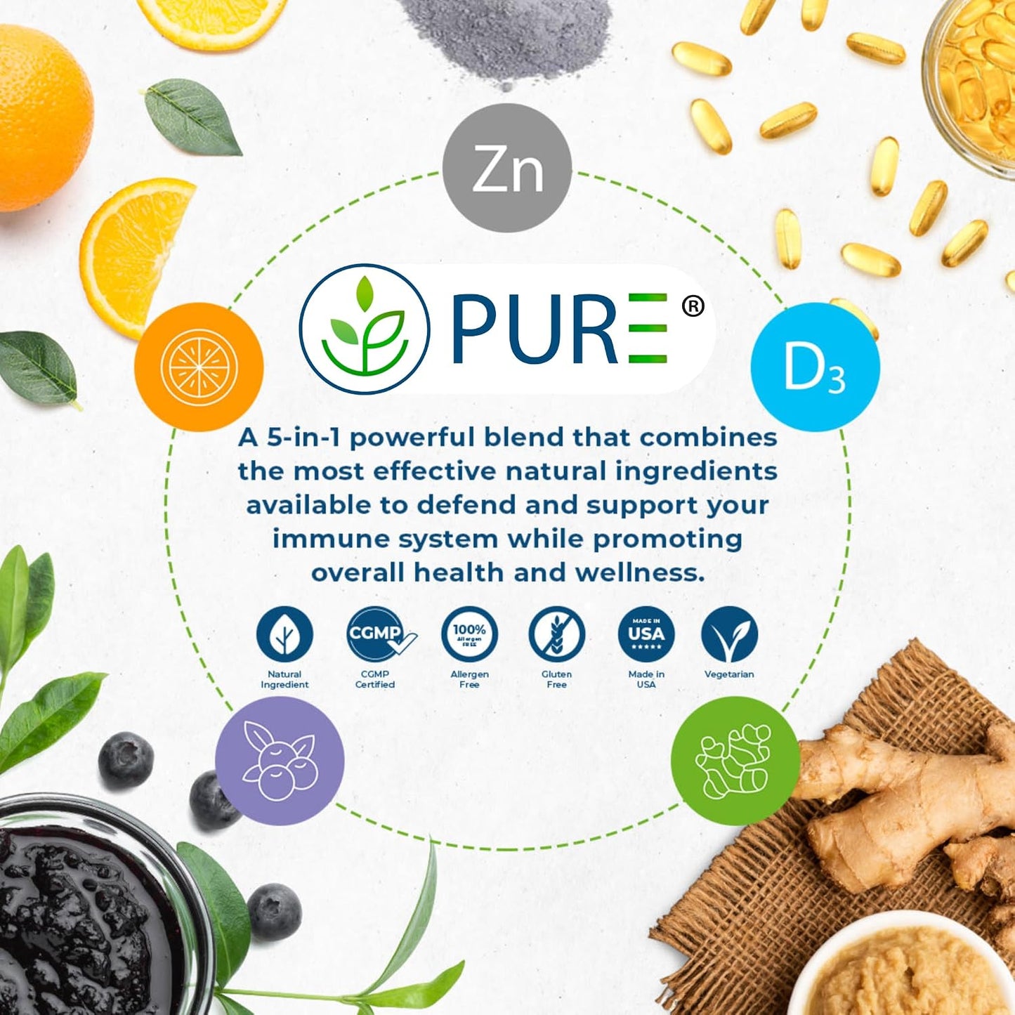PURE® 5 in 1 Immune Formula - 120 Capsules - Black Elderberry, Vitamin C, D3, Zinc & Ginger Root - görsel 6
