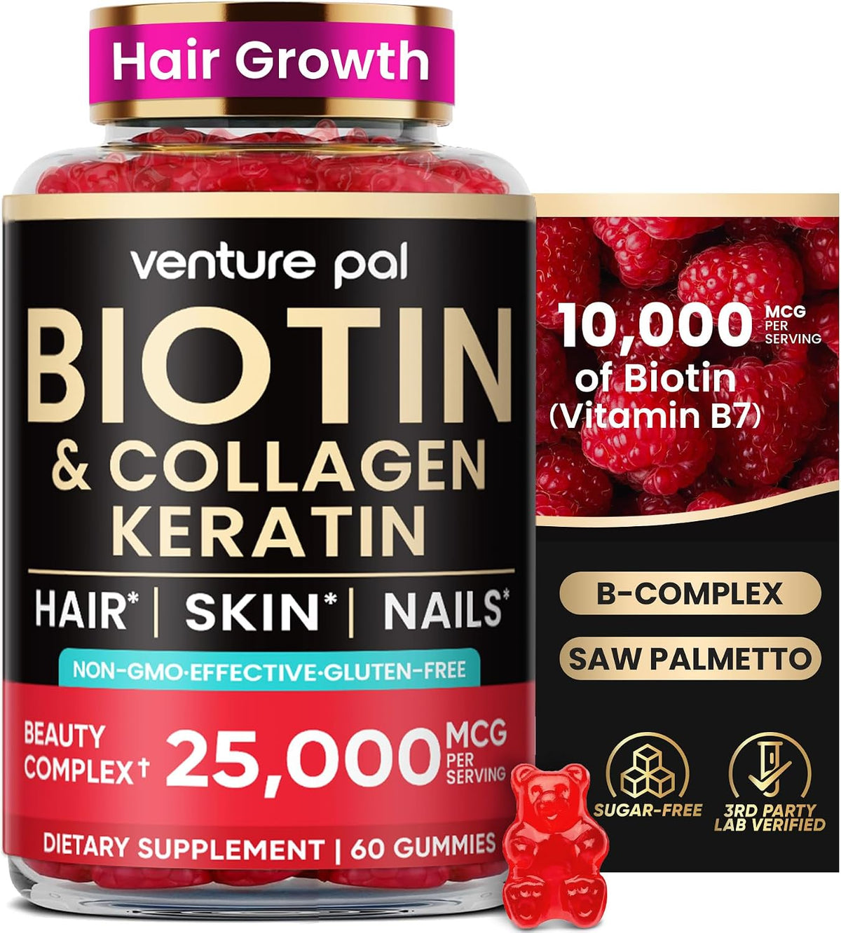 Venture Pal Biotin Gummies with Collagen & Keratin - Hair, Skin & Nail Support - 10,000 mcg - Sugar Free, Non-GMO, 60 Count - görsel 1