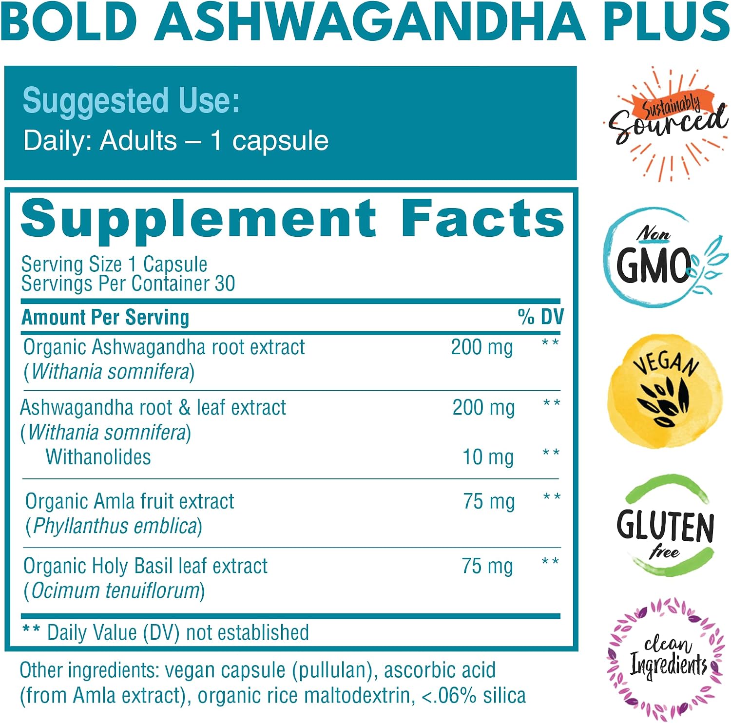 Bold Botanica Ashwagandha Plus – Food Supplement for Men & Women – Stress, Mood, Memory & Energy Support – Triple Adaptogenic Formula with Amla & Holy Basil, 1 Capsule Daily – 30 Vegan Capsules - görsel 5