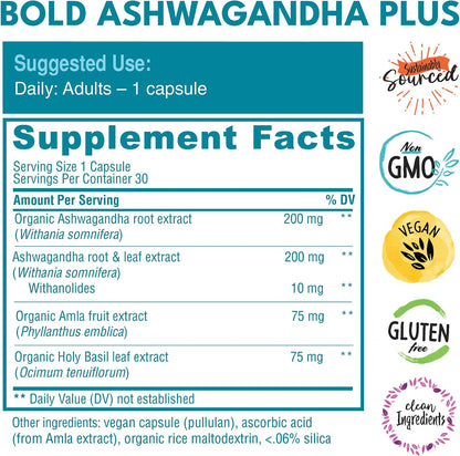 Bold Botanica Ashwagandha Plus – Food Supplement for Men & Women – Stress, Mood, Memory & Energy Support – Triple Adaptogenic Formula with Amla & Holy Basil, 1 Capsule Daily – 30 Vegan Capsules