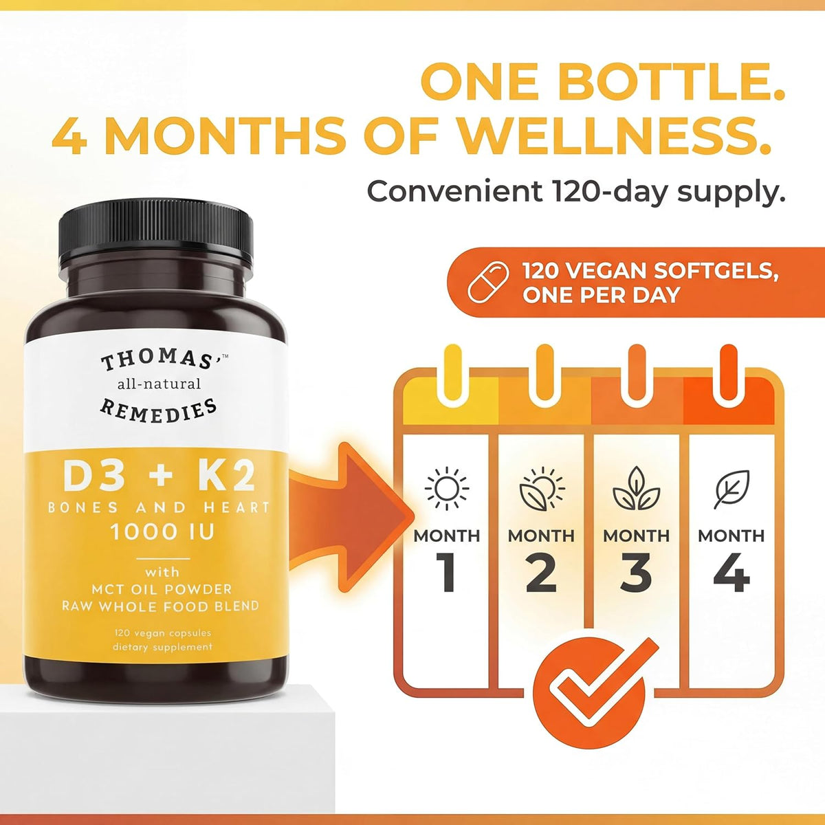 Thomas' All-Natural D3 + K2 with MCT Oil & Raw Whole Food Blend, 1000 IU, Vegan, 120 Soft gel capsules - görsel 8