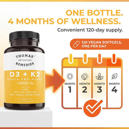 Thomas' All-Natural D3 + K2 with MCT Oil & Raw Whole Food Blend, 1000 IU, Vegan, 120 Soft gel capsules