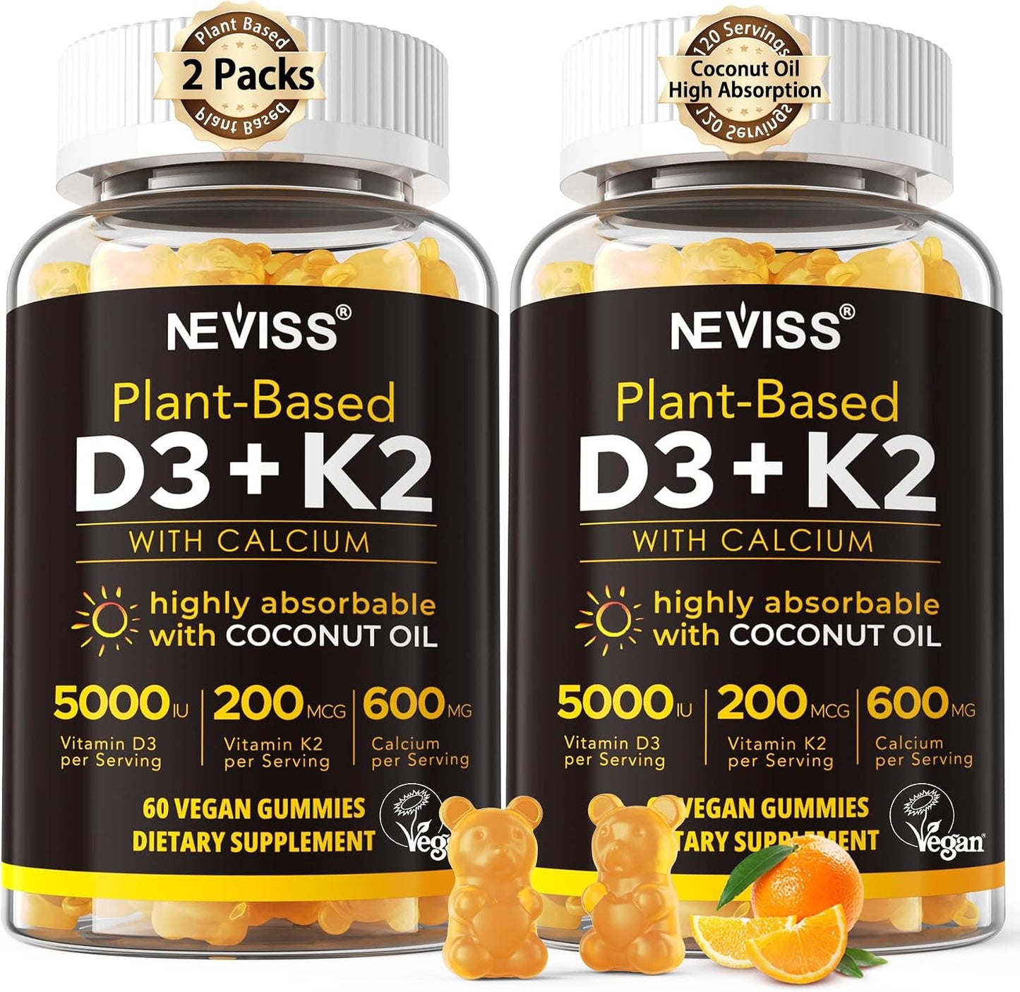 Vitamin D3 K2 Gummy Bears – 5000 IU D3, 200 mcg K2 MK7, 600 mg Calcium, Vegan, 60 Gummies - görsel 8